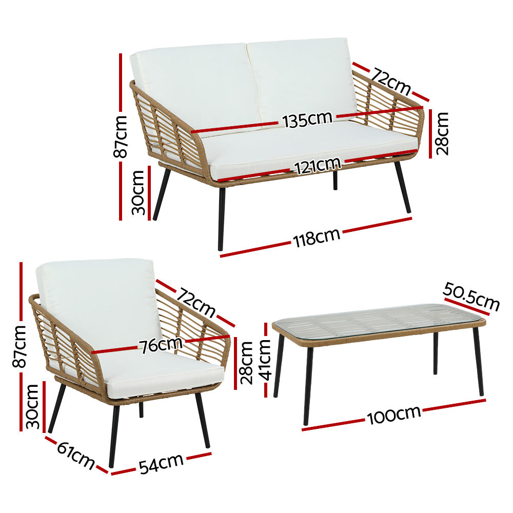 P&F ZennHome Outdoor Furniture Sofa Set 4 Piece Rattan Lounge Set Table Chairs