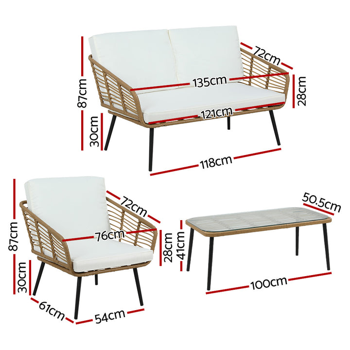 P&F ZennHome Outdoor Furniture Sofa Set 4 Piece Rattan Lounge Set Table Chairs