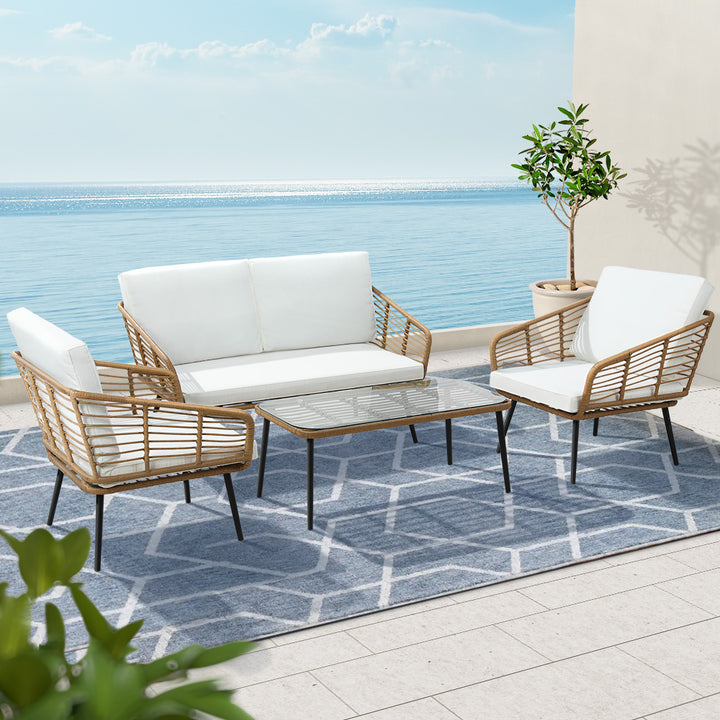 P&F ZennHome Outdoor Furniture Sofa Set 4 Piece Rattan Lounge Set Table Chairs