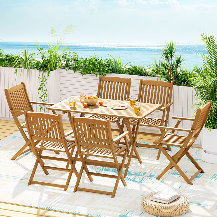 P&F ZennHome 7PCS Outdoor Dining Set Foldable 6 Seater Wood