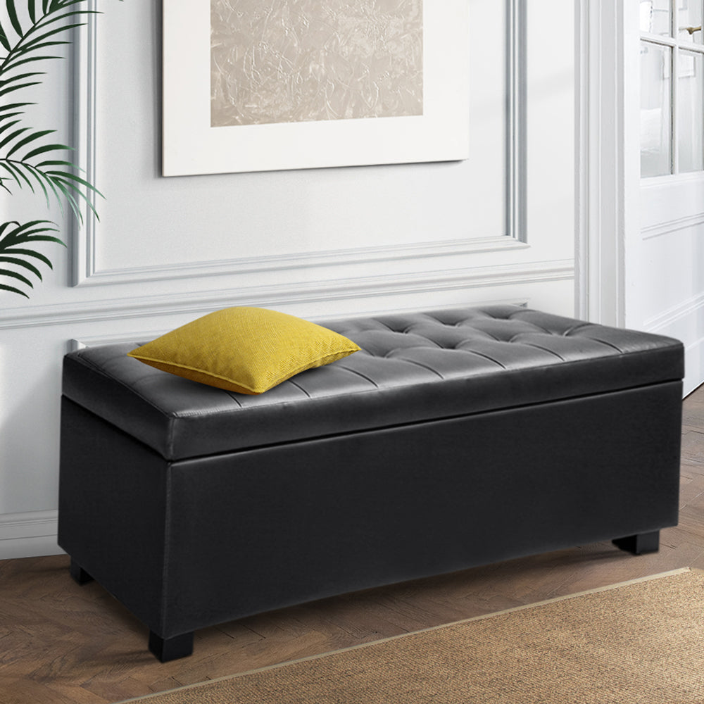 P&F SkyWay PU Leather Storage Ottoman - Black