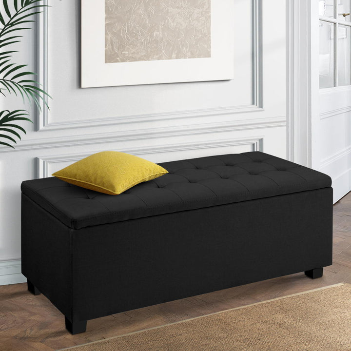 P&F SkyWay Storage Ottoman Blanket Box Black Fabric Footstool Chest Couch Seat Toy