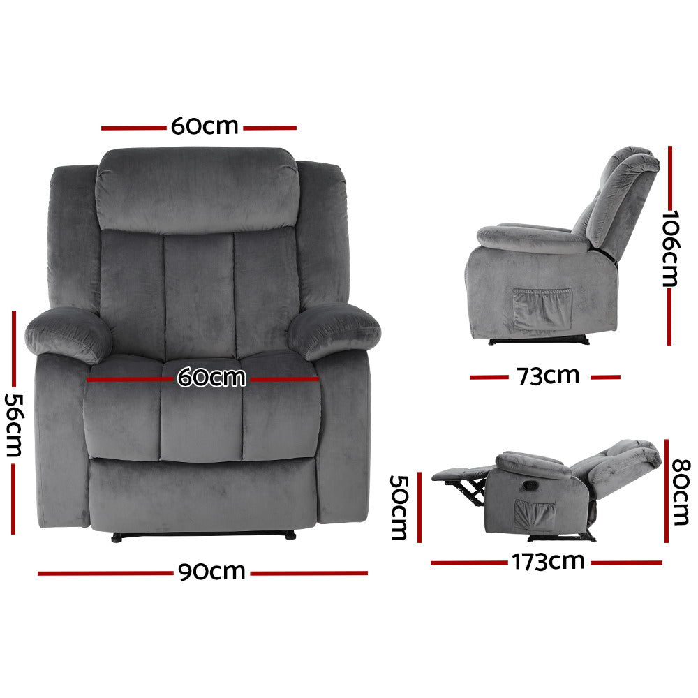 P&F SkyWay Recliner Chair Electric Massage Chair Velvet Lounge Sofa Heated Grey