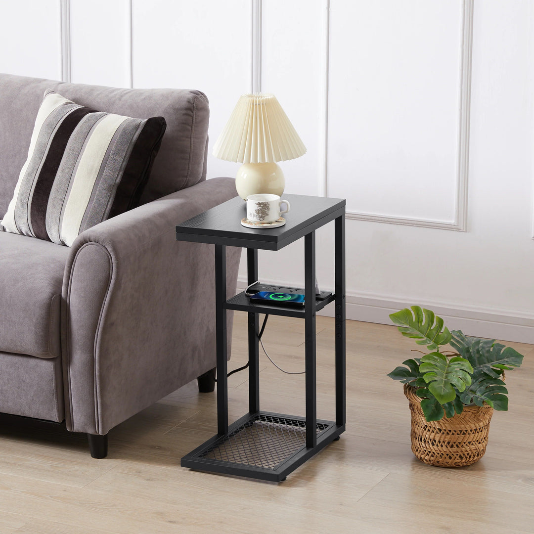 P&F ZennHome E-Shaped Sofa Side Table with Power Board, Black