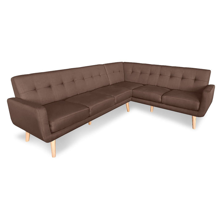 P&F ZennHome Faux Linen Corner Wooden Sofa Lounge L-shaped with Chaise - Brown