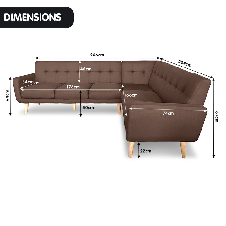 P&F ZennHome Faux Linen Corner Wooden Sofa Lounge L-shaped with Chaise - Brown