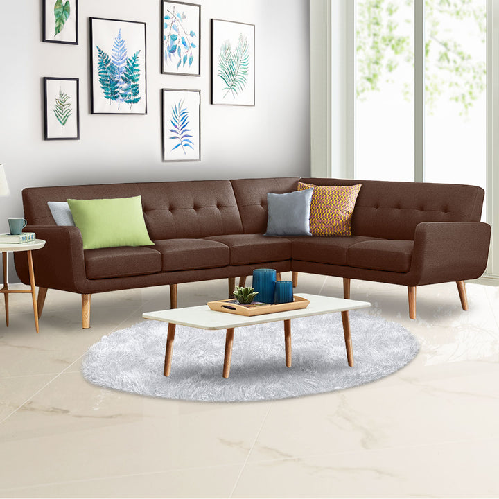 P&F ZennHome Faux Linen Corner Wooden Sofa Lounge L-shaped with Chaise - Brown