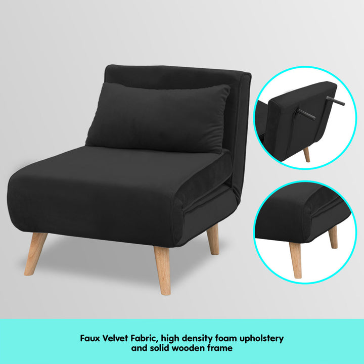 P&F ZennHome Adjustable Chair Single Sofa Bed Faux Velvet - Black