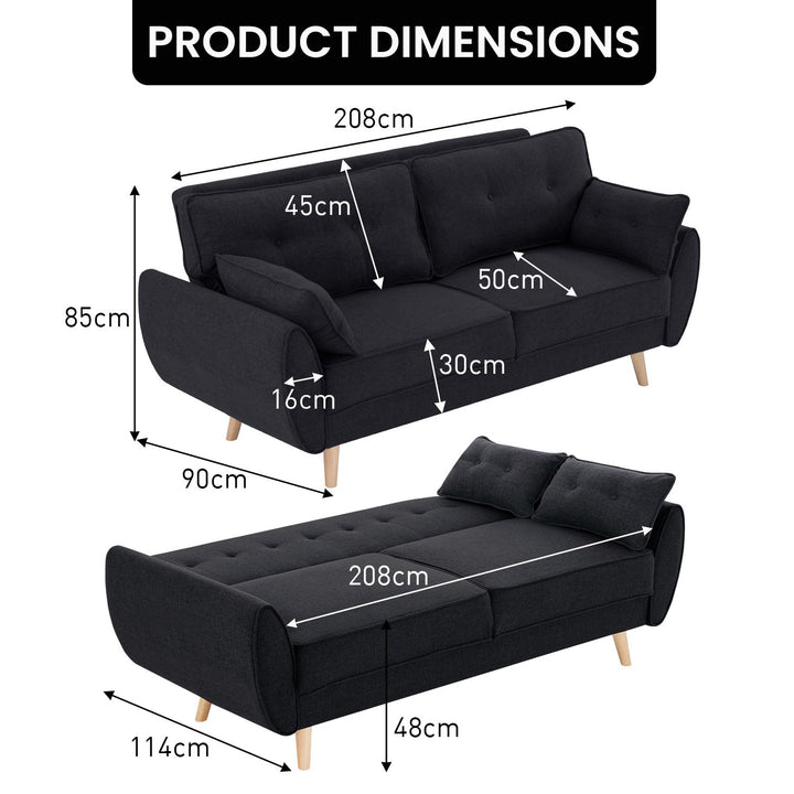 P&F ZennHome 3 Seater Modular Linen Fabric Sofa Bed Couch Futon Suite - Black