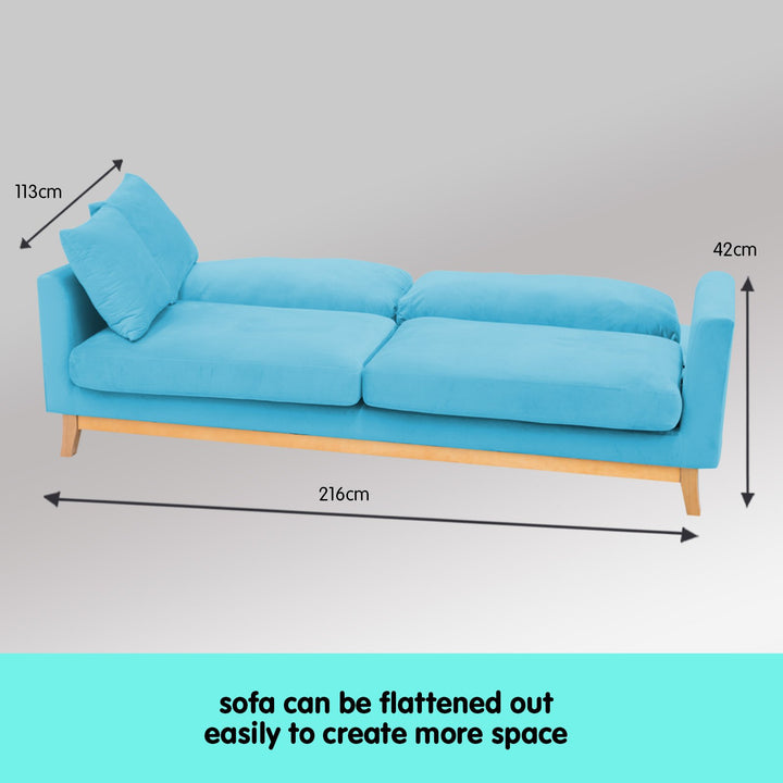 P&F ZennHome 3 Seater Faux Velvet Wooden Sofa Bed Couch Furniture - Blue