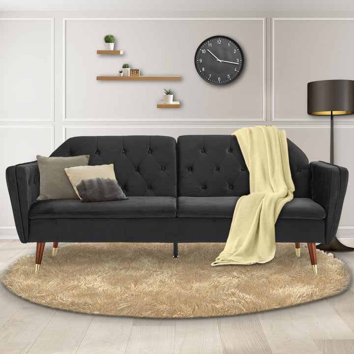 P&F ZennHome Faux Velvet Tufted Sofa Bed Couch Futon - Black