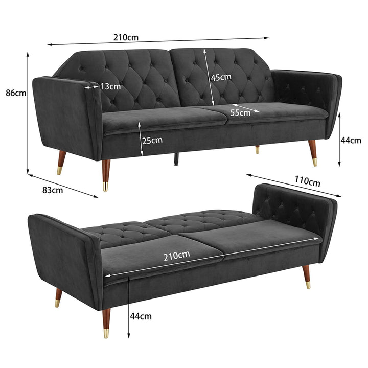 P&F ZennHome Faux Velvet Tufted Sofa Bed Couch Futon - Black