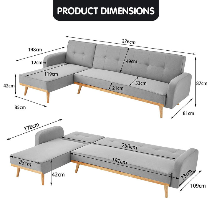 P&F ZennHome 3-Seater Corner Sofa Bed with Chaise Lounge - Light Grey