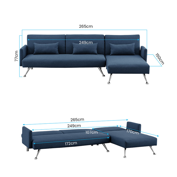 P&F ZennHome Mia 3-Seater Sofa Bed with Chaise & 3 Pillows - Blue