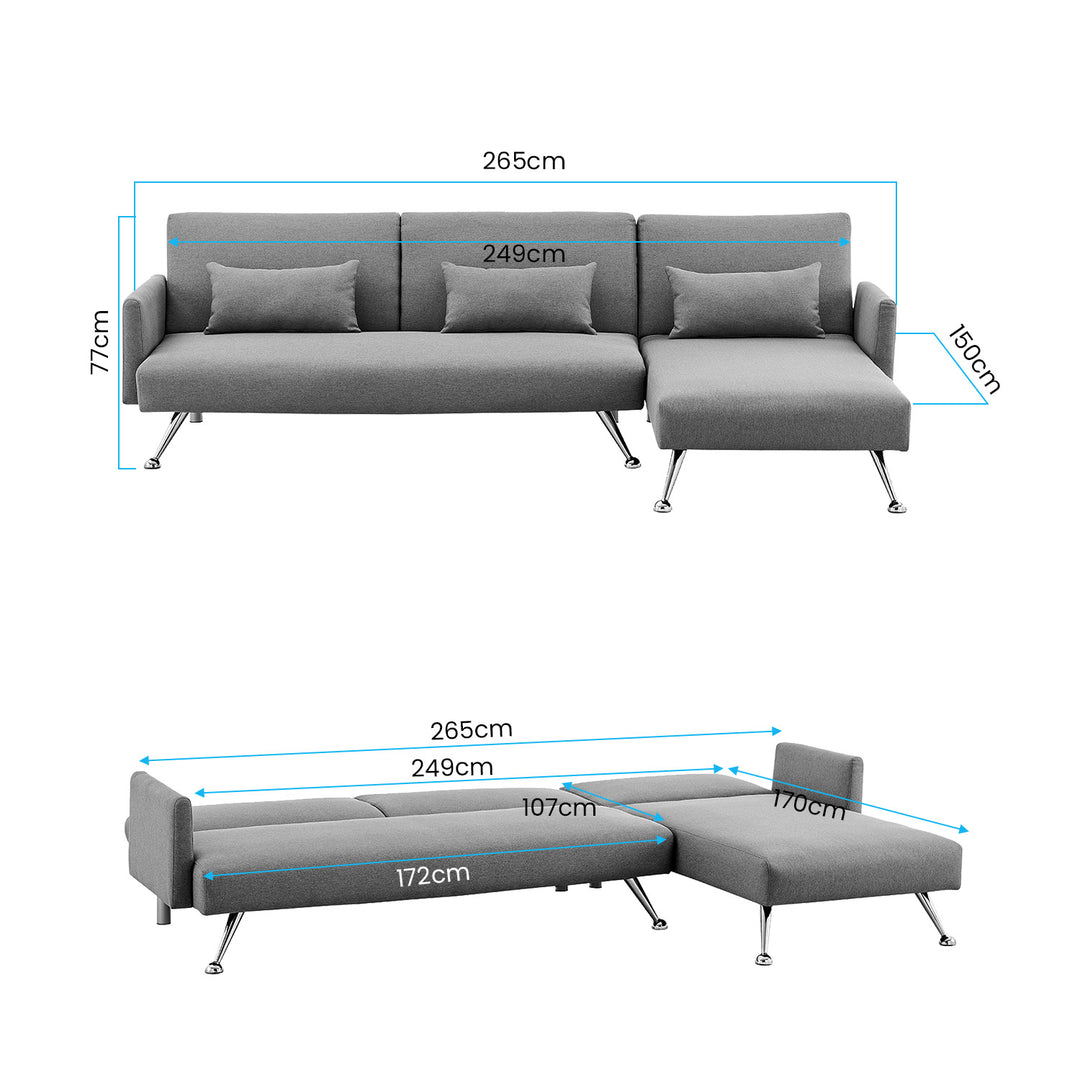 P&F ZennHome Mia 3-Seater Corner Sofa Bed Chaise and Pillows Dark Grey