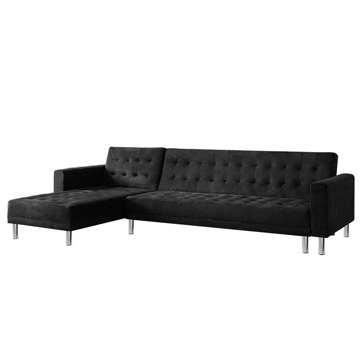 P&F ZennHome Faux Velveteen Corner Wooden Sofa Bed Couch with Chaise Black