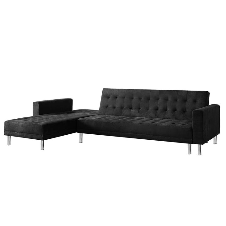 P&F ZennHome Faux Velveteen Corner Wooden Sofa Bed Couch with Chaise Black