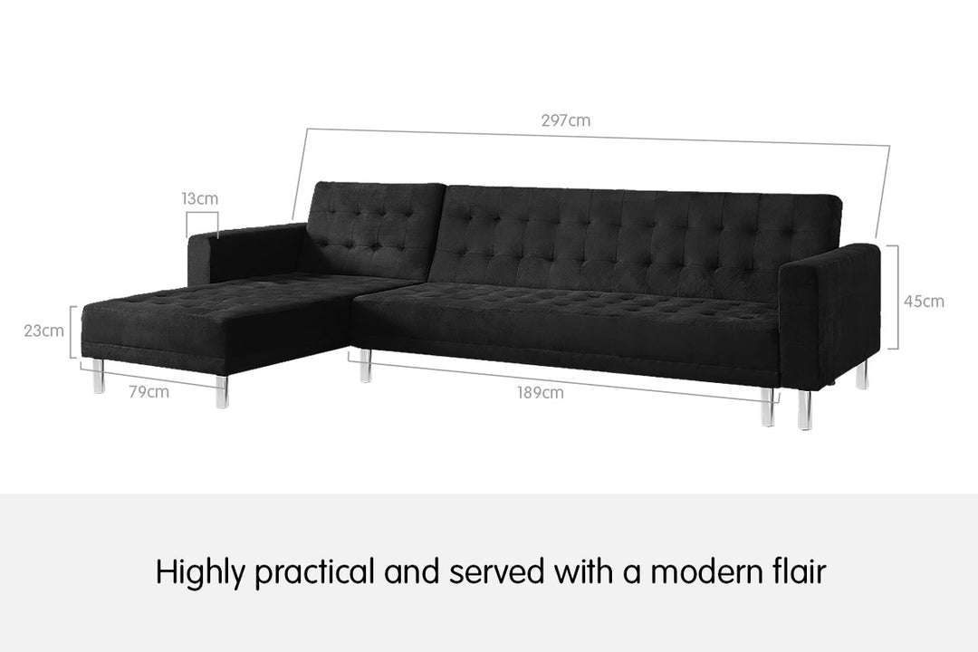 P&F ZennHome Faux Velveteen Corner Wooden Sofa Bed Couch with Chaise Black