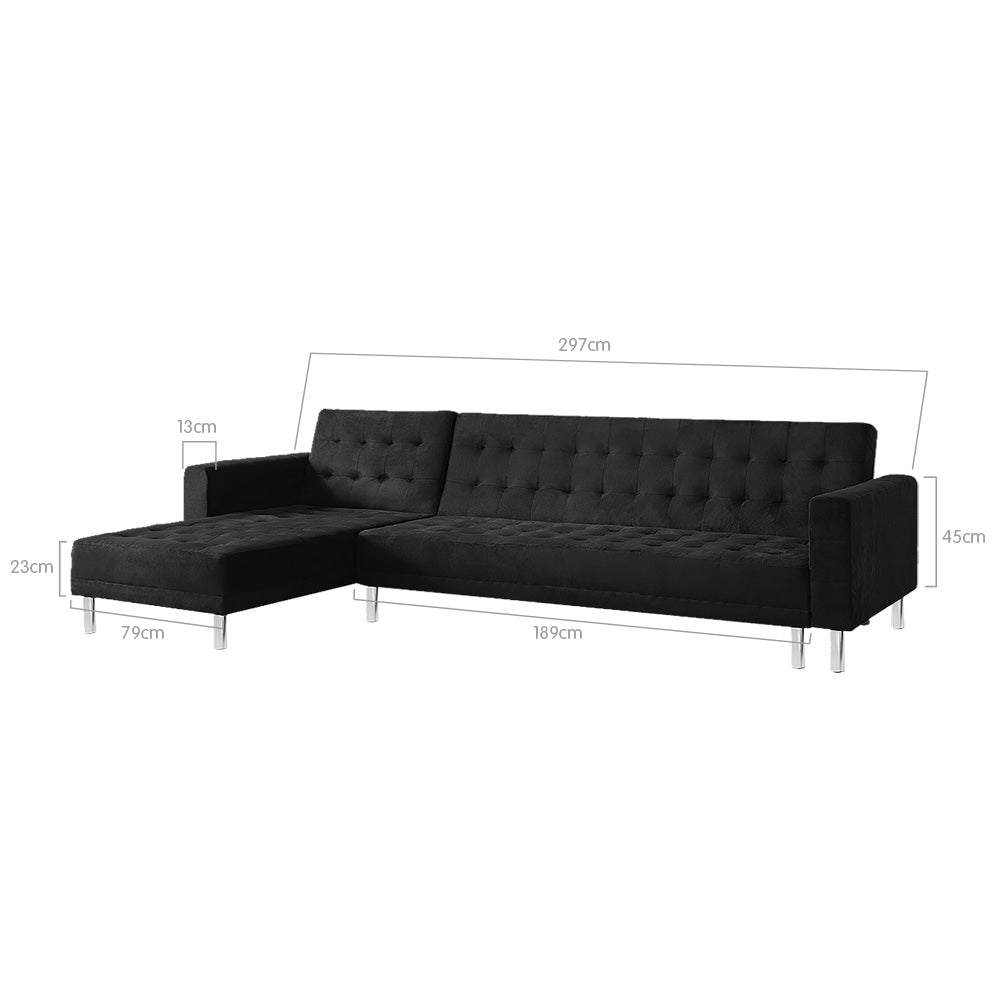 P&F ZennHome Faux Velveteen Corner Wooden Sofa Bed Couch with Chaise Black