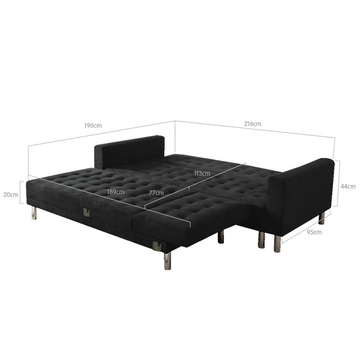 P&F ZennHome Faux Velveteen Corner Wooden Sofa Bed Couch with Chaise Black