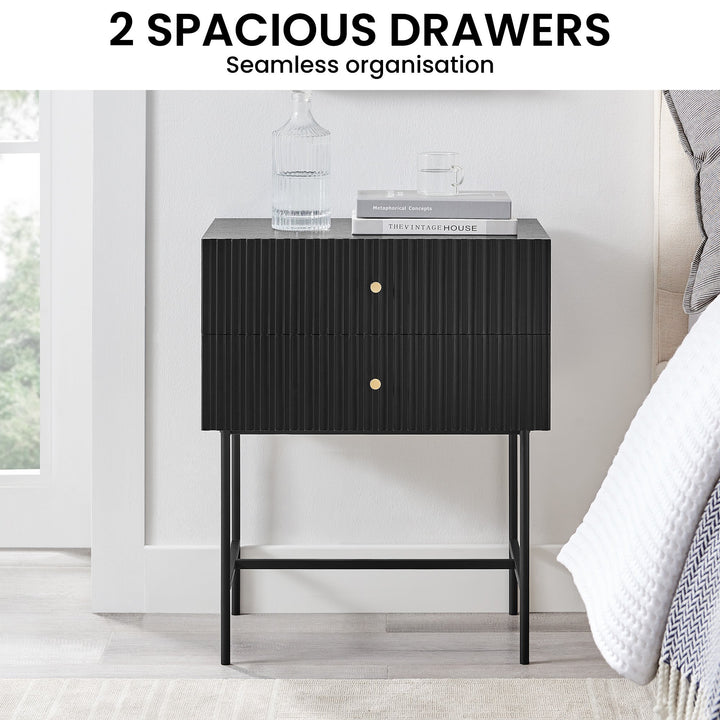 P&F ZennHome Arden Fluted 2-drawer Bedside Table Night Stand - Black