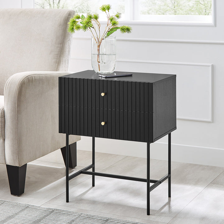 P&F ZennHome Arden Fluted 2-drawer Bedside Table Night Stand - Black