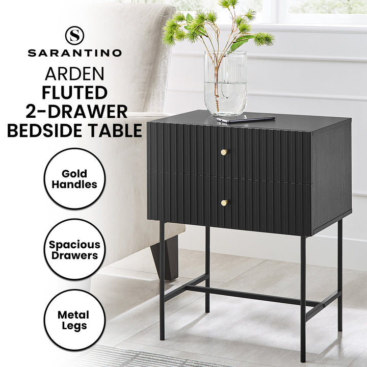 P&F ZennHome Arden Fluted 2-drawer Bedside Table Night Stand - Black