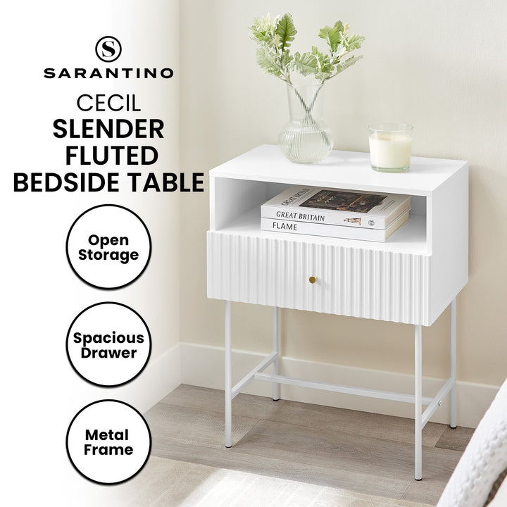 P&F ZennHome Cecil Slender Fluted Bedside Table In White
