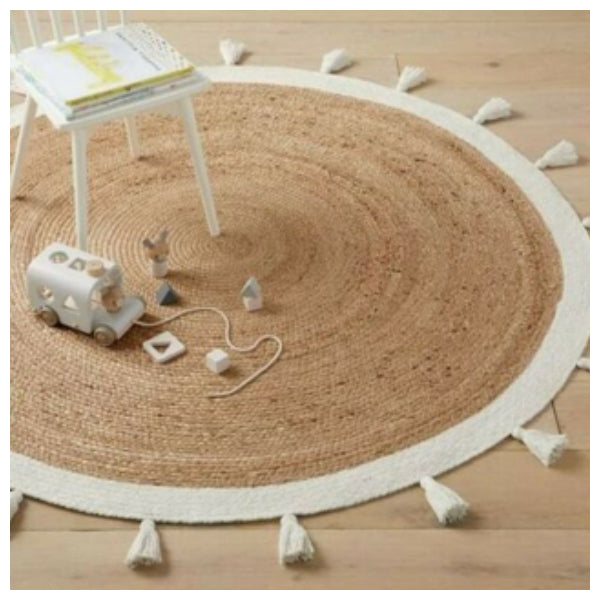 P&F ZennHome Cream & Natural Braided Jute Cotton Round Rug with Tassel 120cm x 120 cm