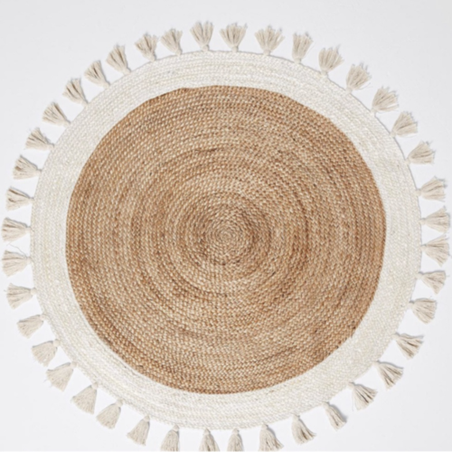 P&F ZennHome Cream & Natural Braided Jute Cotton Round Rug with Tassel 120cm x 120 cm