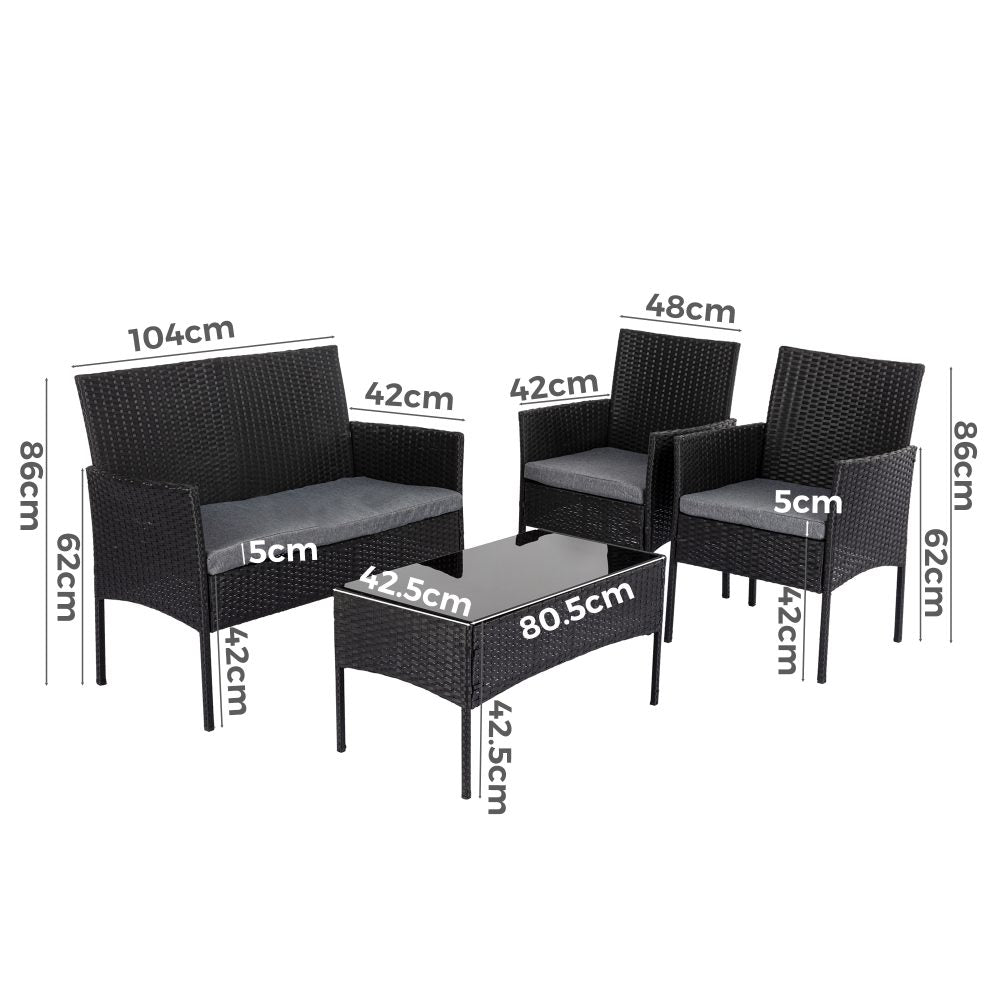 P&F ZennHome 4 Seater Wicker Outdoor Lounge Set - Black