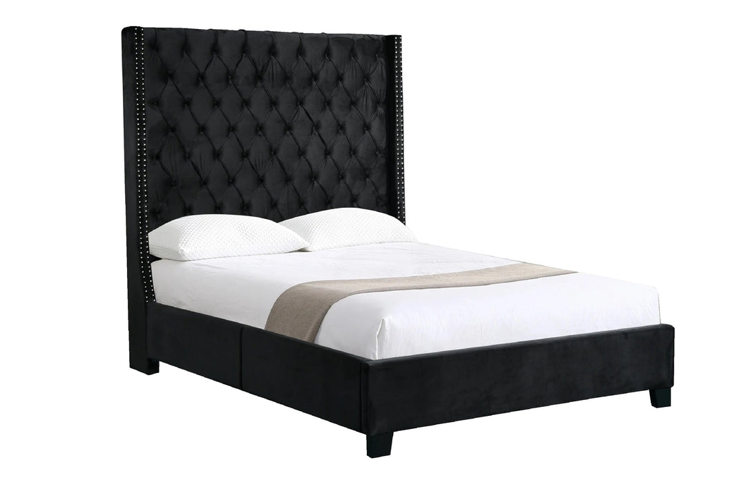 P&F Ella Winged Bed 180cm - Queen Size - Black Velvet