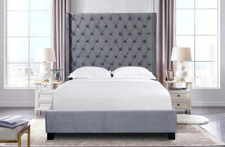 P&F Ella Winged Bed 180cm - King Size - Grey Velvet