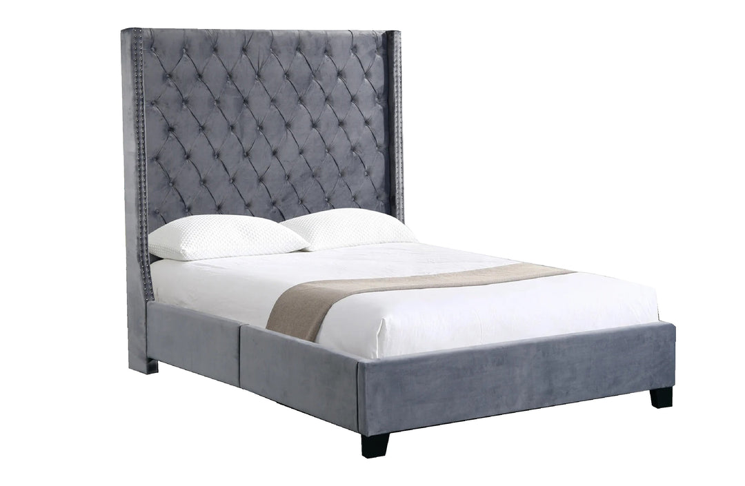 P&F Ella Winged Bed 180cm - Queen Size - Grey Velvet