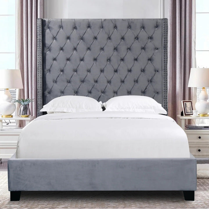 P&F Ella Winged Bed 180cm - Queen Size - Grey Velvet