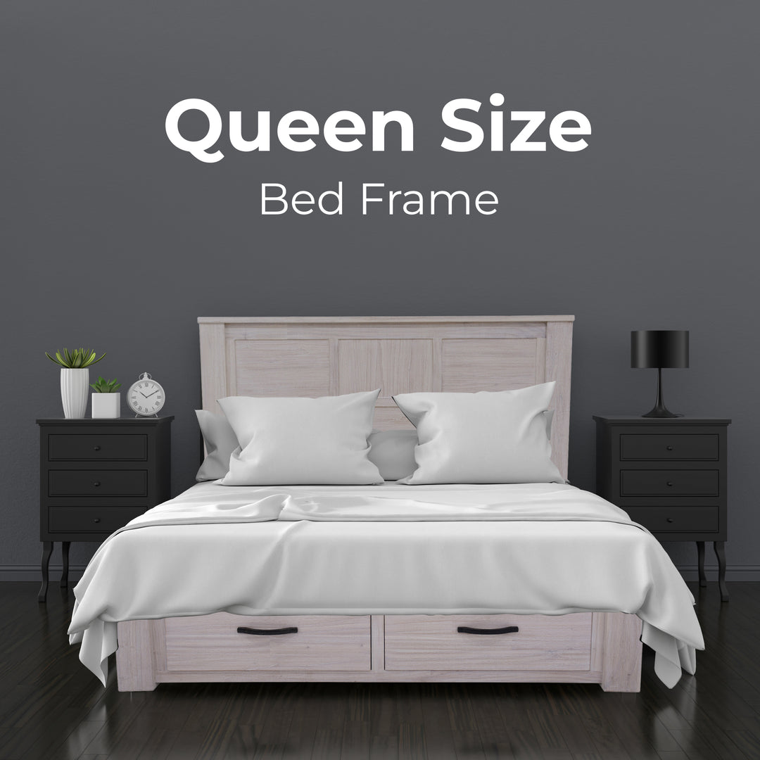 P&F Foxglove Bed Frame Queen Size Timber Mattress Base With Storage Drawers - White