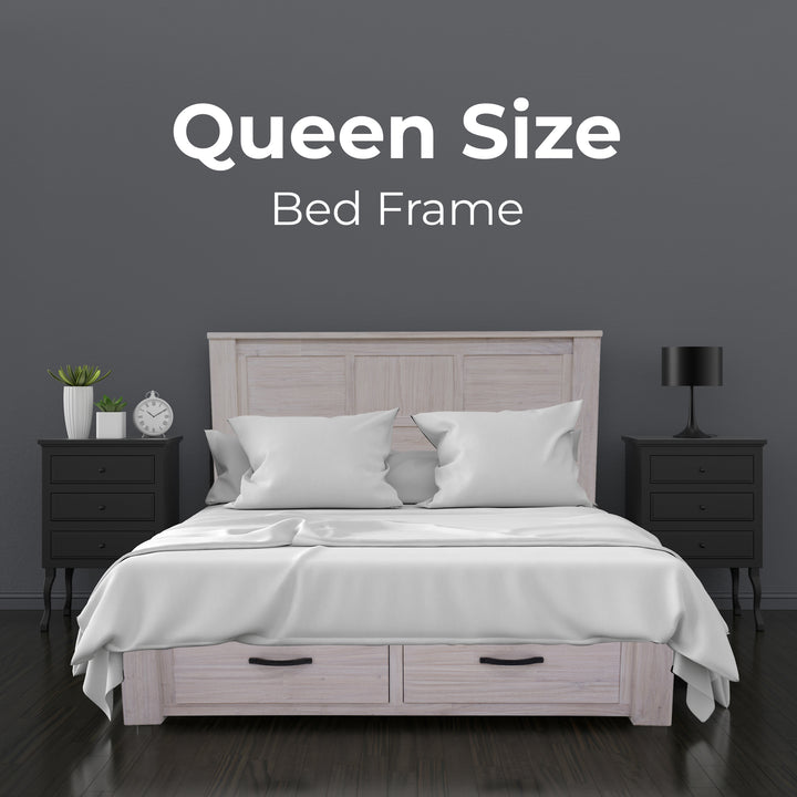 P&F Foxglove Bed Frame Queen Size Timber Mattress Base With Storage Drawers - White