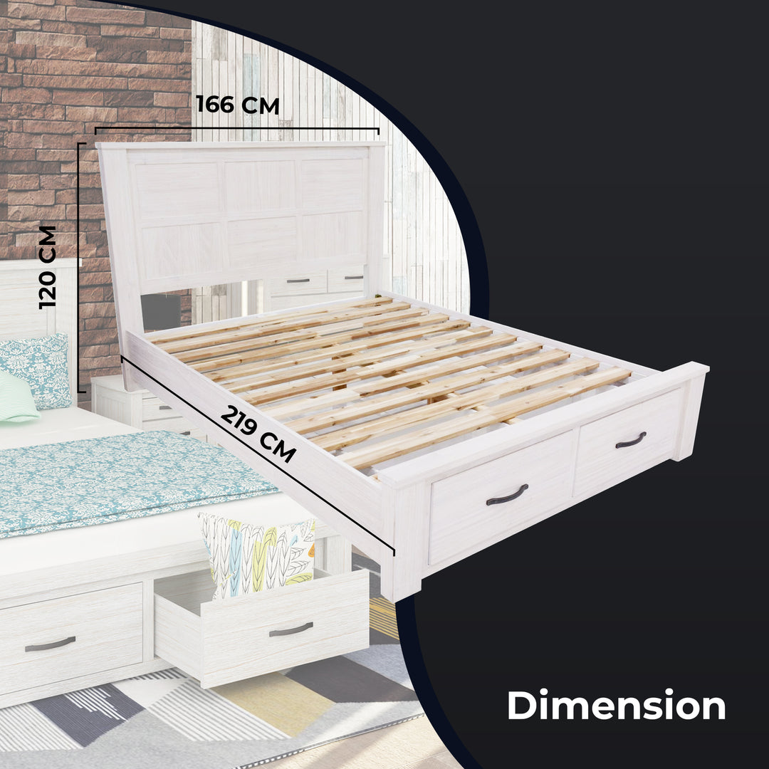 P&F Foxglove Bed Frame Queen Size Timber Mattress Base With Storage Drawers - White