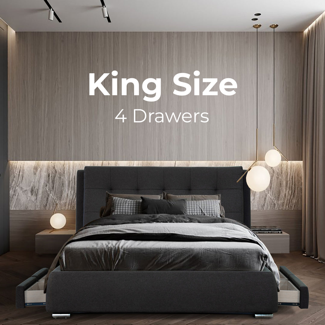 P&F Kiama King Size Bed Frame Timber Mattress Base With Storage Drawers - Grey