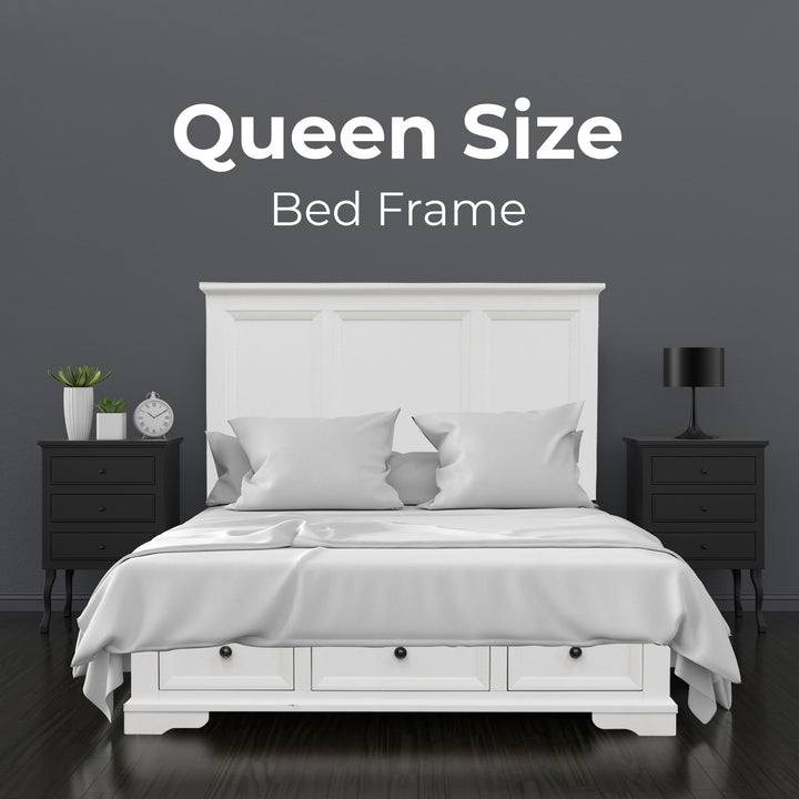 P&F Celosia Queen Size Bed Frame Timber Mattress Base w/ Storage Drawers - White