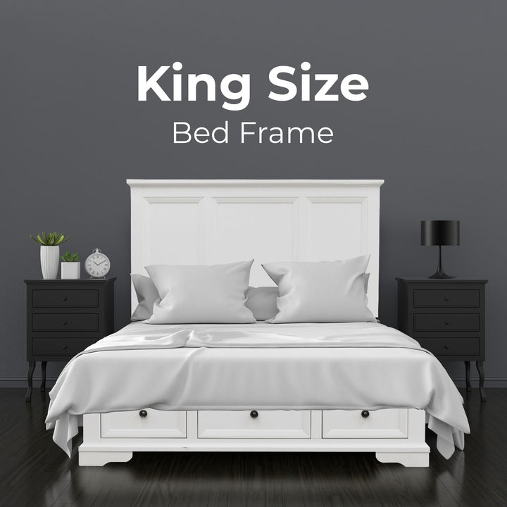 P&F Celosia King Size Bed Frame Timber Mattress Base w/ Storage Drawers - White