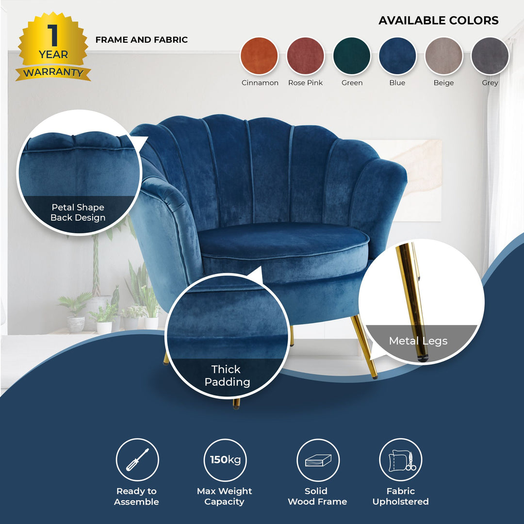 P&F Bloomer Velvet Fabric Accent Sofa Love Chair - Blue