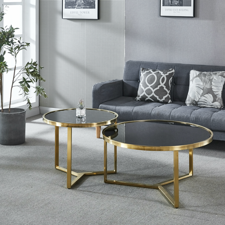 P&F Interior Ave - Designer Giselle Black Glass & Brushed Gold Coffee Table Set