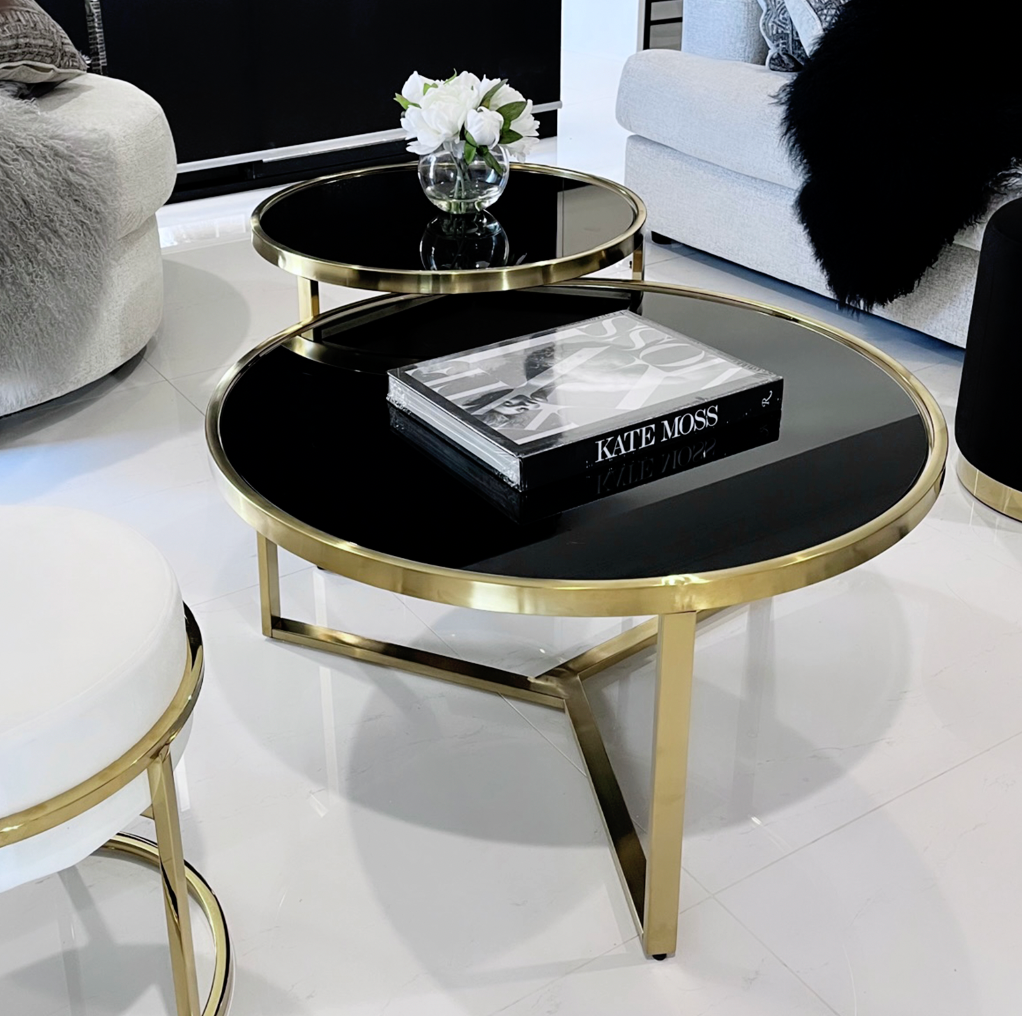 P&F Interior Ave - Designer Giselle Black Glass & Brushed Gold Coffee Table Set