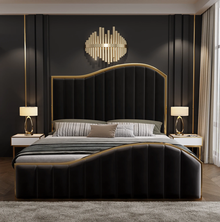 P&F Luxur Luxury King Size Velvet Fabric Storage Bedframe Golden Trim-Black