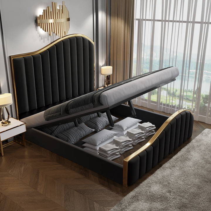 P&F Luxur Luxury King Size Velvet Fabric Storage Bedframe Golden Trim-Black