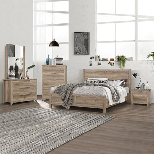 P&F 5 Pieces Bedroom Suite Natural Wood Like MDF Structure Queen Size Oak Colour Bed, Bedside Table, Tallboy & Dresser