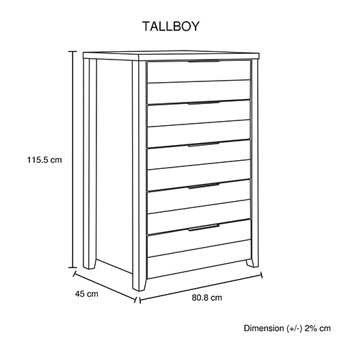 P&F 5 Pieces Bedroom Suite Natural Wood Like MDF Structure Queen Size Oak Colour Bed, Bedside Table, Tallboy & Dresser