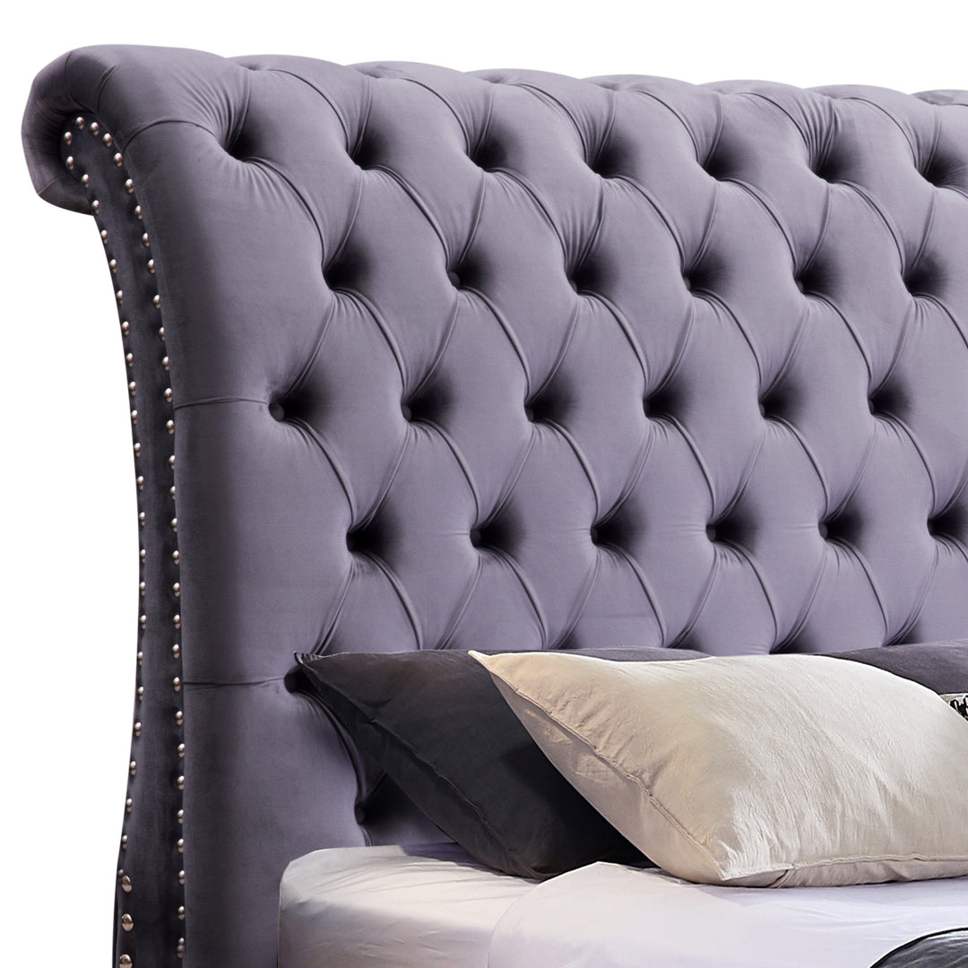 P&F FabSeries King Size Sleigh Bedframe Velvet Upholstery Grey Colour Tufted Headboard And Footboard Deep Quilting