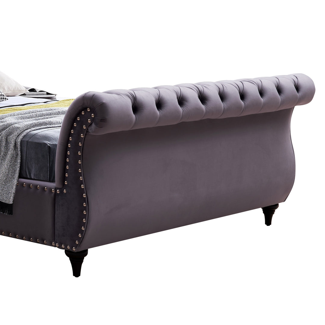 P&F FabSeries King Size Sleigh Bedframe Velvet Upholstery Grey Colour Tufted Headboard And Footboard Deep Quilting